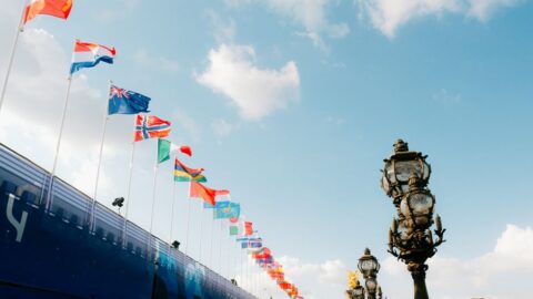 Row of national flags on tall poles along a blue barrier beside ornate street lamps under a bright blue sky.